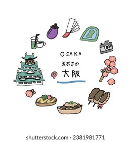 Osaka prefecture hand drawn cute icon set