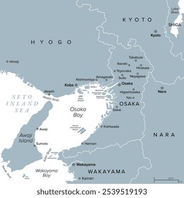 Prefeitura de Osaka do Japão, mapa político cinza. Localizado na região de Kansai de Honshu, na fronteira com as prefeituras de Hyogo, Kyoto, Nara e Wakayama. Com a capital Osaka, a terceira maior cidade do Japão.