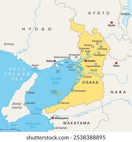 Prefeitura de Osaka do Japão, mapa político. Localizado na região de Kansai de Honshu, na fronteira com as prefeituras de Hyogo, Kyoto, Nara e Wakayama. A maior cidade e capital é Osaka, a terceira maior cidade do Japão.