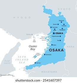 Prefeitura de Osaka do Japão, mapa político. Localizado na região de Kansai ou Kinki de Honshu, na fronteira com as prefeituras de Hyogo, Kyoto, Nara e Wakayama. Com a capital Osaka, terceira maior cidade do Japão.