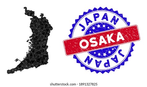 Mapa de malla poligonal de la prefectura de Osaka con triángulos rellenos y sello bicolor grunge. Mapa de la prefectura de Osaka en mosaico triangular con modelo vectorial de malla, triángulos con tamaños y posiciones variables,