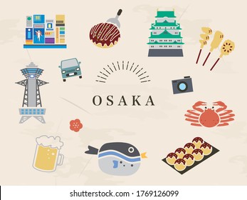 Ilustración turística de Osaka en Japón