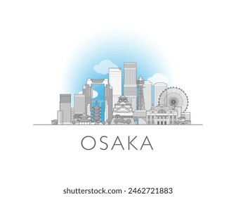 Osaka skyline cityscape illustration in black and white 