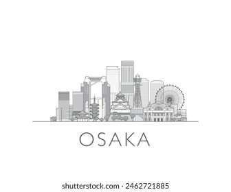 Osaka Skyline Stadtbild Illustration in Schwarz-Weiß 