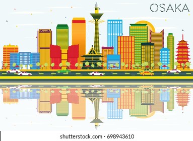 Osaka Skyline with Color Buildings, Blue Sky and Reflections. Vector Illustration. Business Travel and Tourism Concept with Modern Architecture. Image for Presentation Banner Placard and Web Site.