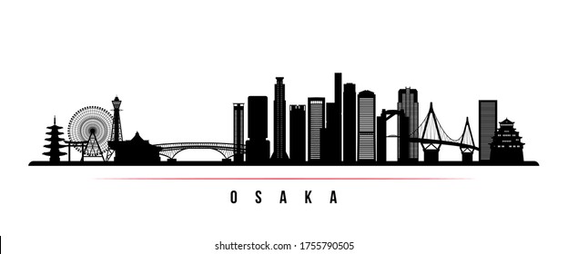 Osaka skyline horizontal banner. Black and white silhouette of Osaka, Japan. Vector template for your design. 