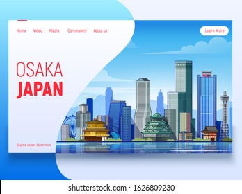 Osaka skyline. Landing Page Template. Flat vector illustration with most famous buildings. Business travel and tourism concept with modern buildings. Image for banner or web site. Japan