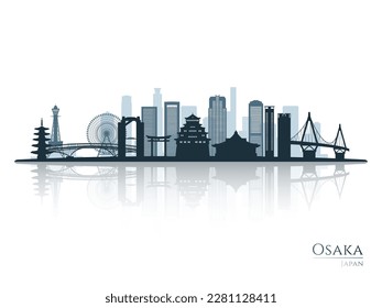 Osaka Skyline Silhouette mit Reflexion. Landschaft Osaka, Japan. Vektorgrafik.