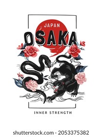 Osaka slogan with black snake and panther vector illustration