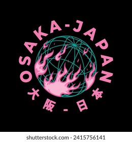 Osaka Tokyo Japan vintage t-shirt streetwear. Typography slogan tshirt design with kanji in japanese translation : Osaka Japan. Vector illustration.