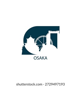Osaka vector icon with skyline, panoramic view, outlook shape. Japan city landmarks logo concept. Flat isolated graphic, badge