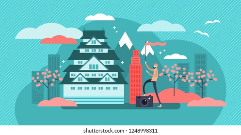 Osaka Vector Illustration. Designated Japan City Tourism Tradition Symbols. Architecture Culture Collection With Tourist. Urban And Historic House With Mountain In Background. Temple, Sakura Landscape