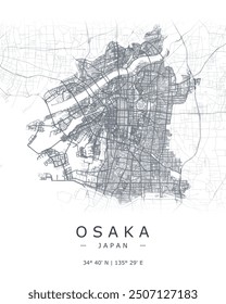 Osaka vector print map. Detailed map of Osaka in Japan. Best free vector illustration. Tourist decorative street map.