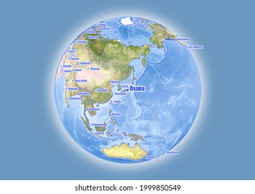 Osaka-Japan is shown on the vector globe map. The map shows Ōsaka-Japan 's location in the world.