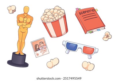 Oscar award and popcorn. Movie icon vector set for hollywood multimedia. Theater recreation drawing pack. Filmmaking art bundle with trophy statue, glasses and scenario book. Cinematography concept