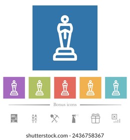 Oscar award statue outline flat white icons in square backgrounds. 6 bonus icons included.