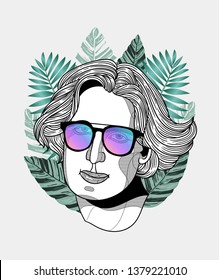 Oscar Wilde. Vector illustration hand drawn. Hipster portrait with glasses and tropical leaves. Summer style.