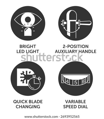 Oscillating Tool properties monochromatic circular icons - Variable Speed Deal, Quick Blade Changing, 2-position Auxiliary Handle and Bright Led Light.