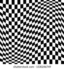 Oscillation, ripple, squeeze warp. Curve, camber element. Wavy, waving distortion on checkered, chequered, chess board pattern. Billowy, undulating deformation on squares, chess background