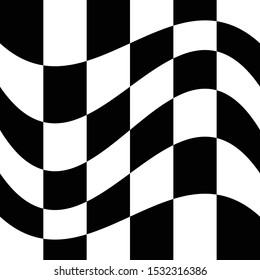 Oscillation, ripple, squeeze warp. Curve, camber element. Wavy, waving distortion on checkered, chequered, chess board pattern. Billowy, undulating deformation on squares, chess background