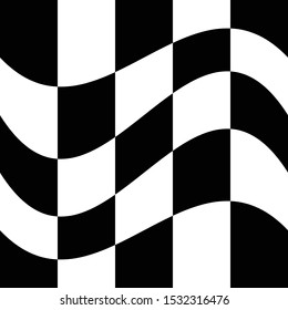 Oscillation, ripple, squeeze warp. Curve, camber element. Wavy, waving distortion on checkered, chequered, chess board pattern. Billowy, undulating deformation on squares, chess background