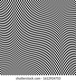 Oscillation, ripple, squeeze warp. Curve, camber element. Wavy, waving distortion on checkered, chequered, chess board pattern. Billowy, undulating deformation on squares, chess background
