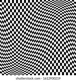 Oscillation, ripple, squeeze warp. Curve, camber element. Wavy, waving distortion on checkered, chequered, chess board pattern. Billowy, undulating deformation on squares, chess background
