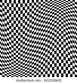 Oscillation, ripple, squeeze warp. Curve, camber element. Wavy, waving distortion on checkered, chequered, chess board pattern. Billowy, undulating deformation on squares, chess background