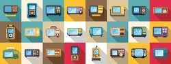 Oscillograph icons set. Colorful set of electronic test equipment illustrations featuring oscilloscopes showing signal waveforms