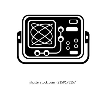Oscilloscope. Measuring carefully complex schematic electrical circuits. Frequency phase electric current, parameters field. Science simple style detailed logo icon vector illustration isolated.