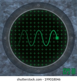 Oscilloscope screen with green wavy trace. Vector illustration.