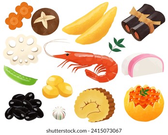 Osechi ingredients set vector illustration