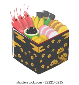 Osechi. Japanese traditional New Year's dish. Japanese traditional culture. Vector illustration.