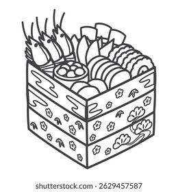 Osechi. Japanese traditional New Year's dish. Japanese traditional culture. Vector illustration.