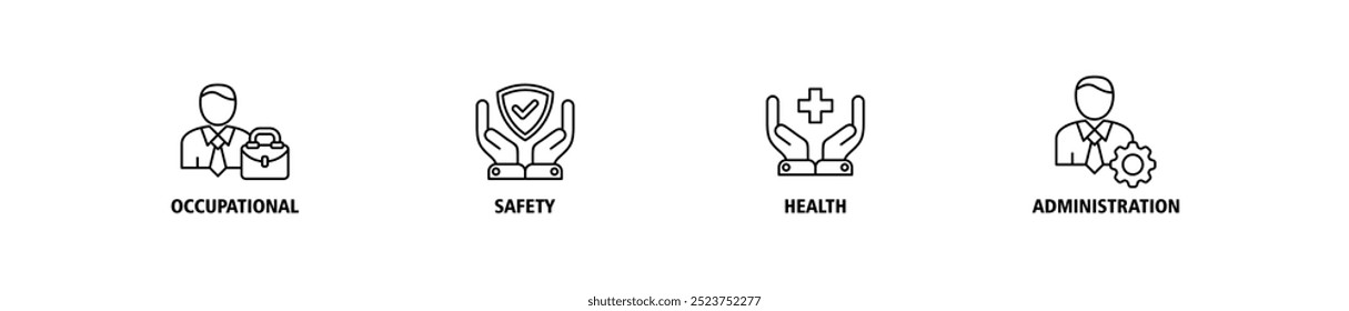 OSHA Banner Websymbol Set Vektorgrafik Konzept für Arbeitssicherheit und Gesundheitsschutz Verwaltung mit einem Symbol für Arbeitnehmer, Schutz, Gesundheit und Verfahren Icons Infografik Symbol Hintergrund