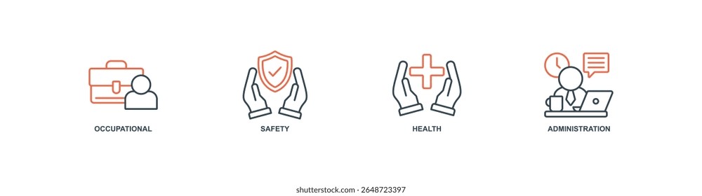 Concepto de Ilustración vectorial del conjunto del icono del Web del Anuncio de Osha con el icono del trabajo, seguridad, salud, administración