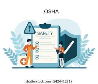 Ilustración de lista de comprobación de OSHA. Los trabajadores garantizan el cumplimiento de la seguridad, manteniendo los estándares laborales con precisión y cuidado. Planificación estratégica de salud y seguridad. Ilustración vectorial plana