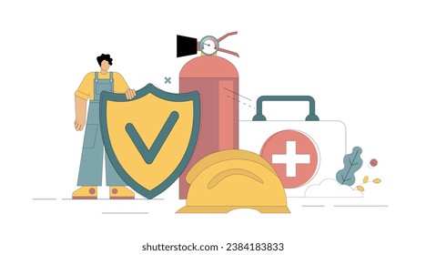 concepto OSHA. Protección laboral. Proteger la seguridad de los trabajadores. Documento que regula las precauciones para lesiones. Ilustración plana del vector