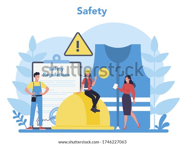 OSHA concept.\
Occupational safety and health administration. Government public\
service protecting worker from health and safety hazards on the\
job. Isolated flat vector\
illustration