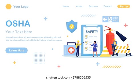 OSHA concept. Occupational safety regulations and health inspection. Government service protecting safety at job. Worker security protection policy. Caution regulation document for trauma prevention