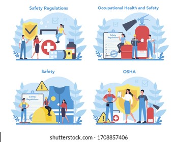 OSHA concept set. Occupational safety and health administration. Government public service protecting worker from health and safety hazards on the job. Isolated flat vector illustration