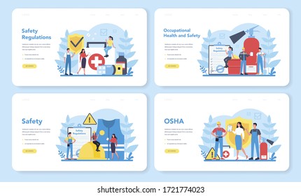 OSHA concept web banner or landing page set. Occupational safety and health administration. Government public service protecting worker from health and safety hazards on the job. Vector illustration