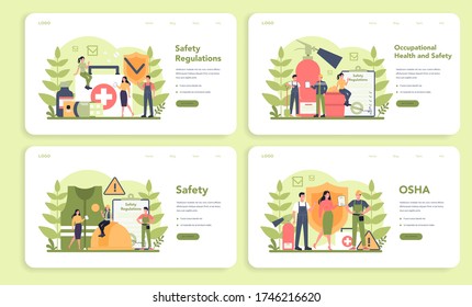 OSHA concept web banner or landing page set. Occupational safety and health administration. Government public service protecting worker from health and safety hazards on the job. Vector illustration