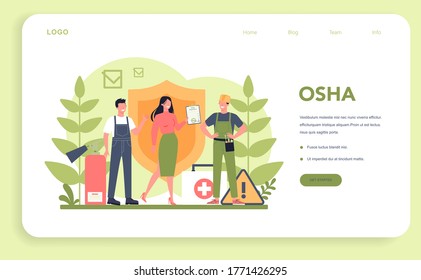 OSHA Concept Web Banner Or Landing Page. Occupational Safety And Health Administration. Government Public Service Protecting Worker From Health And Safety Hazards On The Job. Vector Illustration