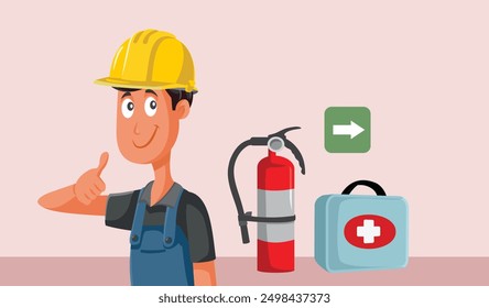 
OSHA Concept Work Safety Vector Cartoon Illustration. Worker preoccupied by avoiding accidents at the workplace 
