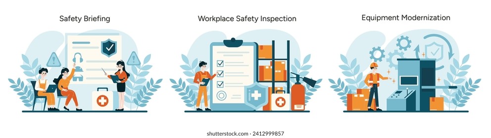 Conjunto de elementos esenciales OSHA. Participar en sesiones de información sobre seguridad, inspecciones exhaustivas en el lugar de trabajo y modernización del equipo. Dar prioridad a la seguridad de los trabajadores y a las medidas preventivas. Ilustración vectorial plana