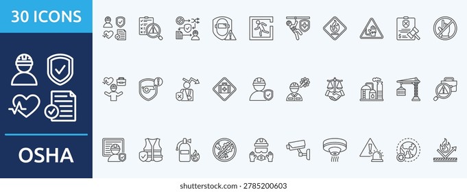 osha
 - Icon Collection. Thin outline Set contains such Icons as risk assessment, hierarchy of control, guarding, confined space, fall protection, hazcom, accident prevention
 and more. Simple web icons set
