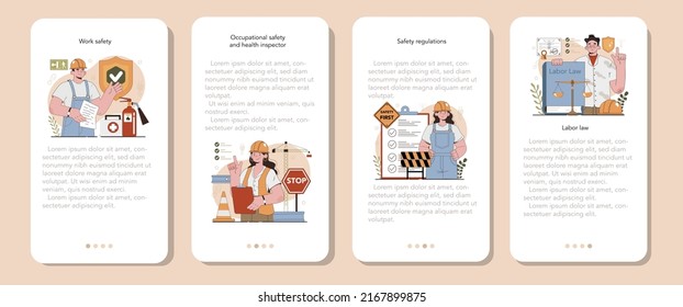 OSHA mobile application banner set. Occupational safety and health inspection. Government public service protecting worker from health and safety hazards at the job place. Flat vector illustration