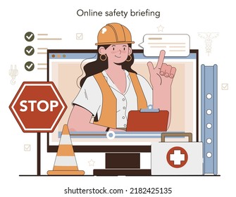 OSHA online service or platform. Occupational safety inspection. Public service protecting worker at the work place. Online safety briefing. Flat vector illustration