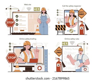 Servicio en línea OSHA o conjunto de plataformas. Inspección de seguridad laboral. Servicio público que protege a los trabajadores en el lugar de trabajo. Reglas de seguridad en línea, información, llamada, sitio web. Ilustración vectorial plana